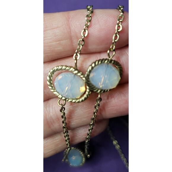 Long Yellow Gold Tone Opalescent Frosted Faceted Glass Bead Station Necklace - Picture 5 of 9